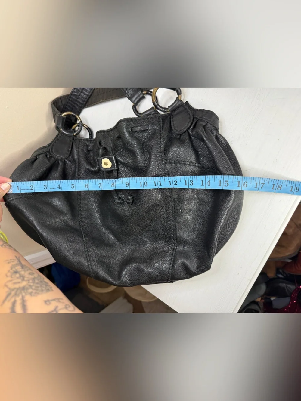 Lucky Brand Y2K Black Leather Drawstring Flower Hippie Hobo bag